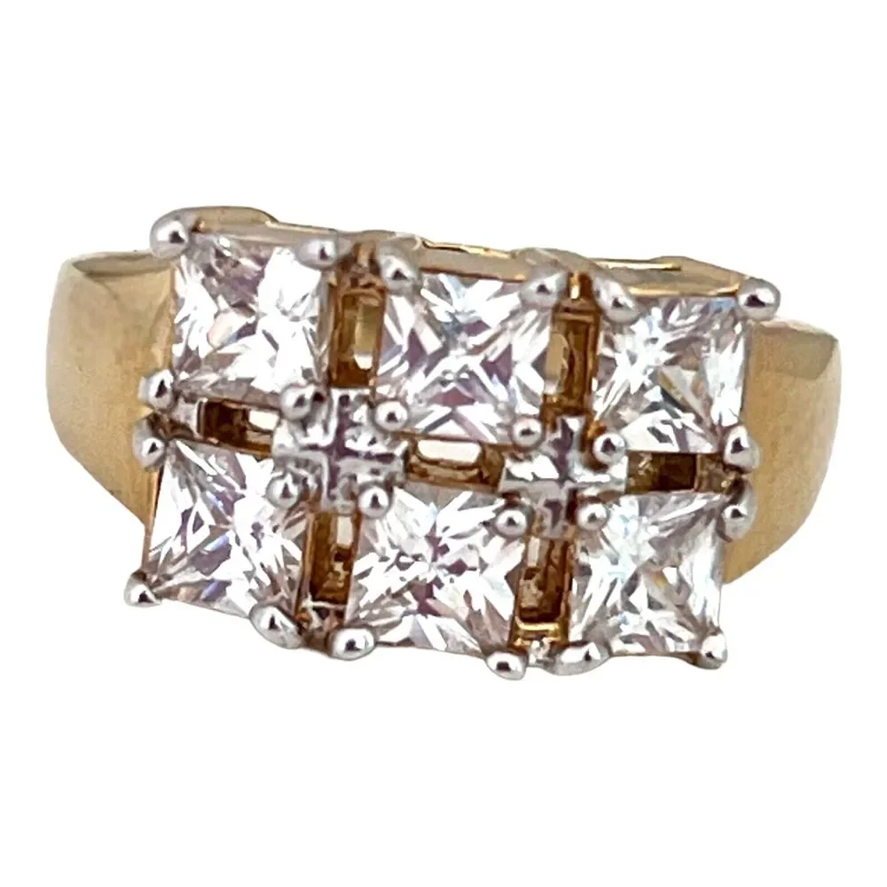 Vintage 1970s CZ Cluster Ring Six Princess Cut Stones Gold Plated Size 7 - 5W
